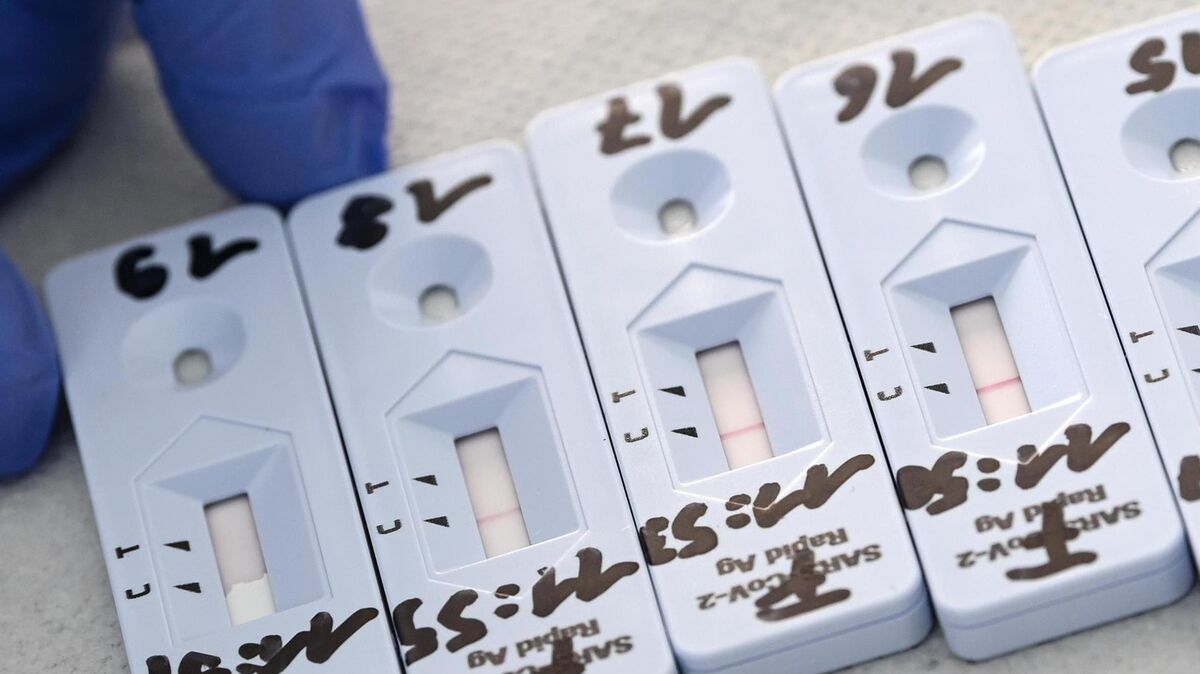 Corona-Schnelltests liegen zur Auswertung auf einem Tisch in einem Testzelt. Foto: dpa/Hendrik Schmidt