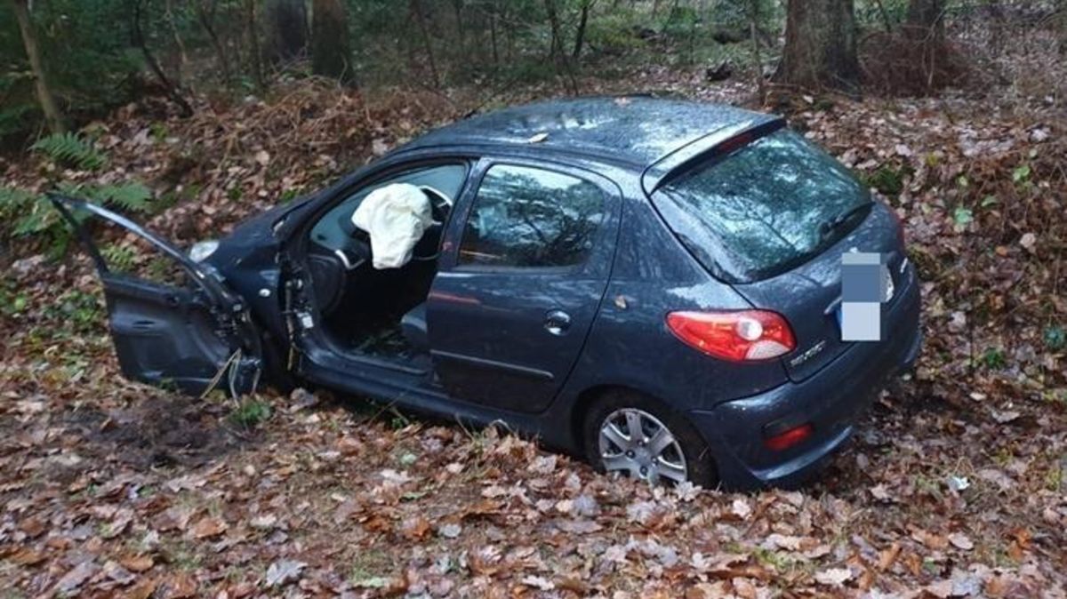 Der Peugeot-Kleinwagen kommt in einem Erdwall am Straßenrand zum Stehen. Foto: Feuerwehr