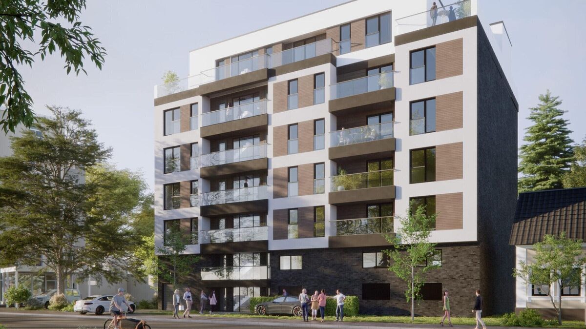 Die Planzeichnung des Gebäudes zeigt, was an der Prinzessinnentrift 13 bis 14 in den kommenden Monaten entstehen soll: sechs Vollgeschosse zuzüglich Garagengeschoss mit 27 Ferienwohneinheiten. Die Stadt Cuxhaven hat dem Vorhaben der Bremerhavener PG Projektgesellschaft jetzt endgültig die Baugenehmigung erteilt. Foto: Gezer-Polzin Immobilien