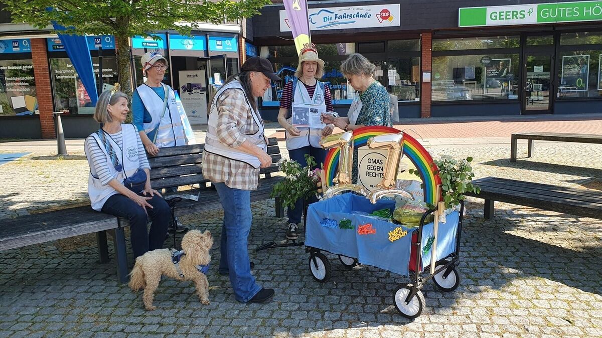 Bei sonnigem Maiwetter machten die Omas gegen Rechts mit einem geschmückten Bollerwagen, Kuchen und Exemplaren des Grundgesetzes auf demokratische Werte aufmerksam. Foto: Omas gegen Rechts