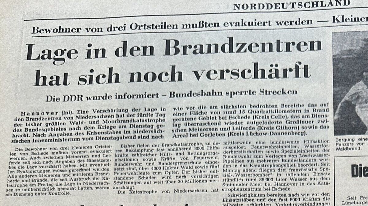 Die dramatische Lage bei den unkontrollierten Wald- und Heidebränden 1975 bewegte den ganzen Norden. In den Medien wurde auch die kritische Frage nach Zuständigkeiten und Versäumnissen aufgeworfen. Foto: Reese-Winne