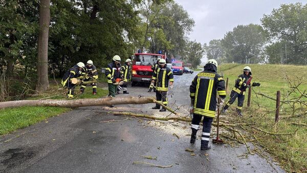 Baum blockiert Kreisstraße in Oberndorf-Braak nach Unwetter