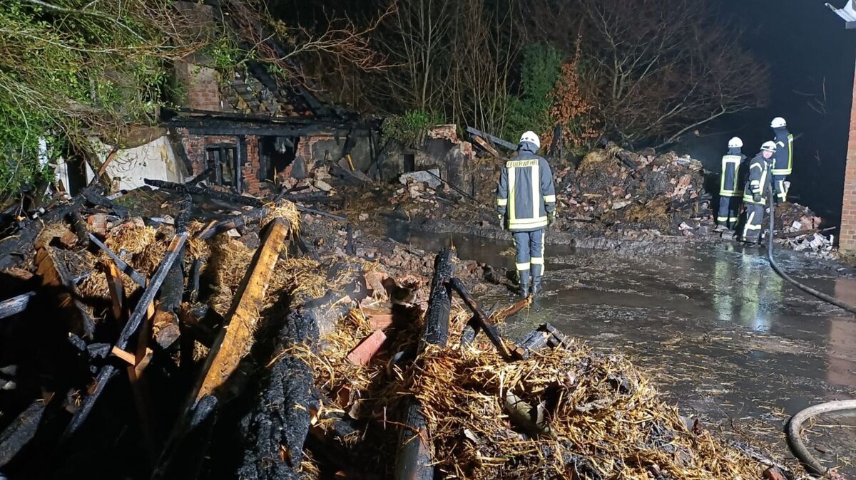 Das Haus, die Maschinen und das Heu können bei dem Feuer nicht mehr gerettet werden. Am Ende der Löscharbeiten bleibt nur noch Schutt und Asche übrig. Foto: Feuerwehr
