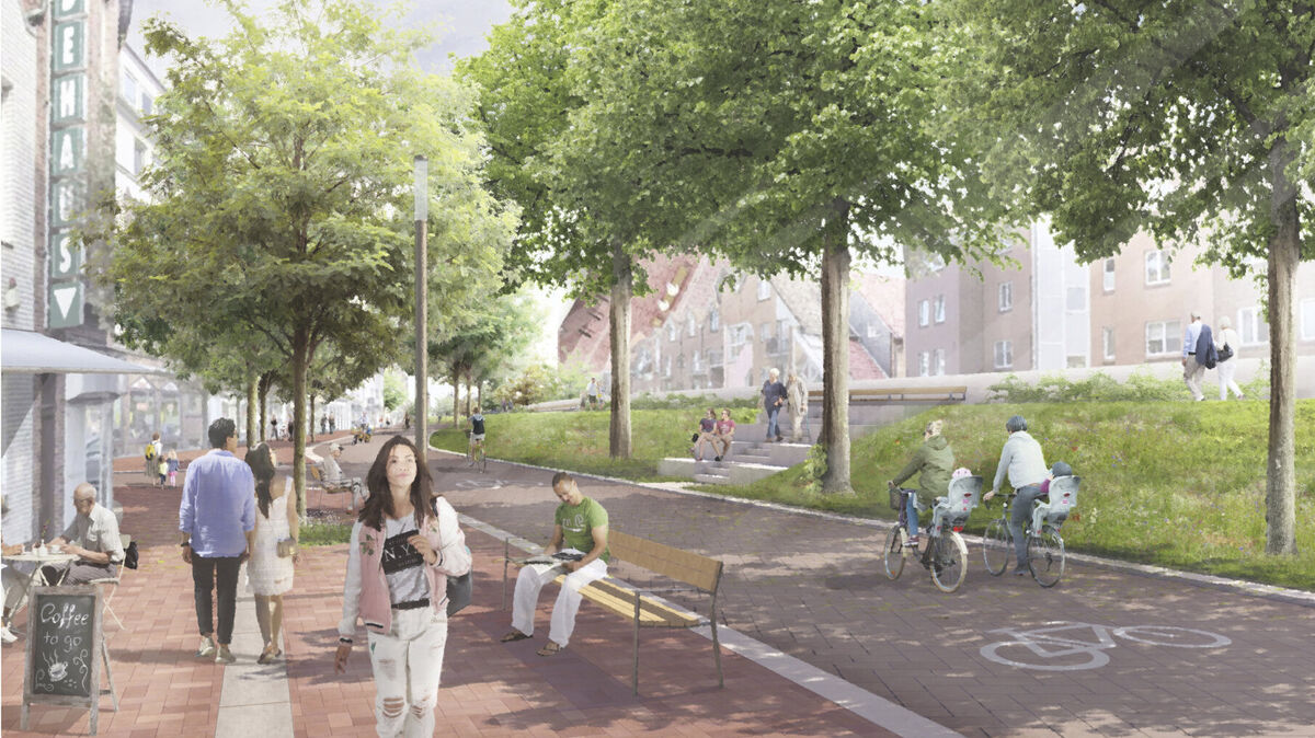 Ein Projekt aus der Schublade der Stadt: Die Deichstraße soll im Jahr 2025 von der Kreuzung beim Amtsgericht bis zum Slippen als Fahrradstraße ausgebaut werden. Die Bürgersteige werden verbreitet. Eine neue Pflasterung ist ebenfalls vorgesehen. Grafik: Treibhaus Landschaftsarchitektur