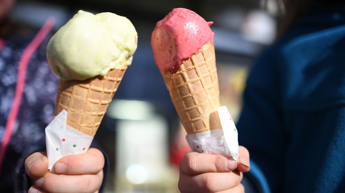 Zwei Kinder halten bei frühlingshaften Temperaturen um 20 Grad Celsius ihr erstes Eis in der Waffel im neuen Jahr in der Hand. Foto: Patrick Seeger/dpa