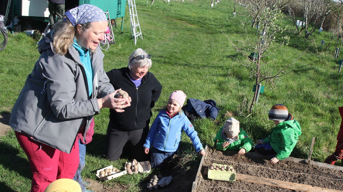 Petra  Blanke und Jutta Dreyßig (v.l.) erklären den Kindern, worauf es beim Pflanzen ankommt. Foto: Reese-Winne