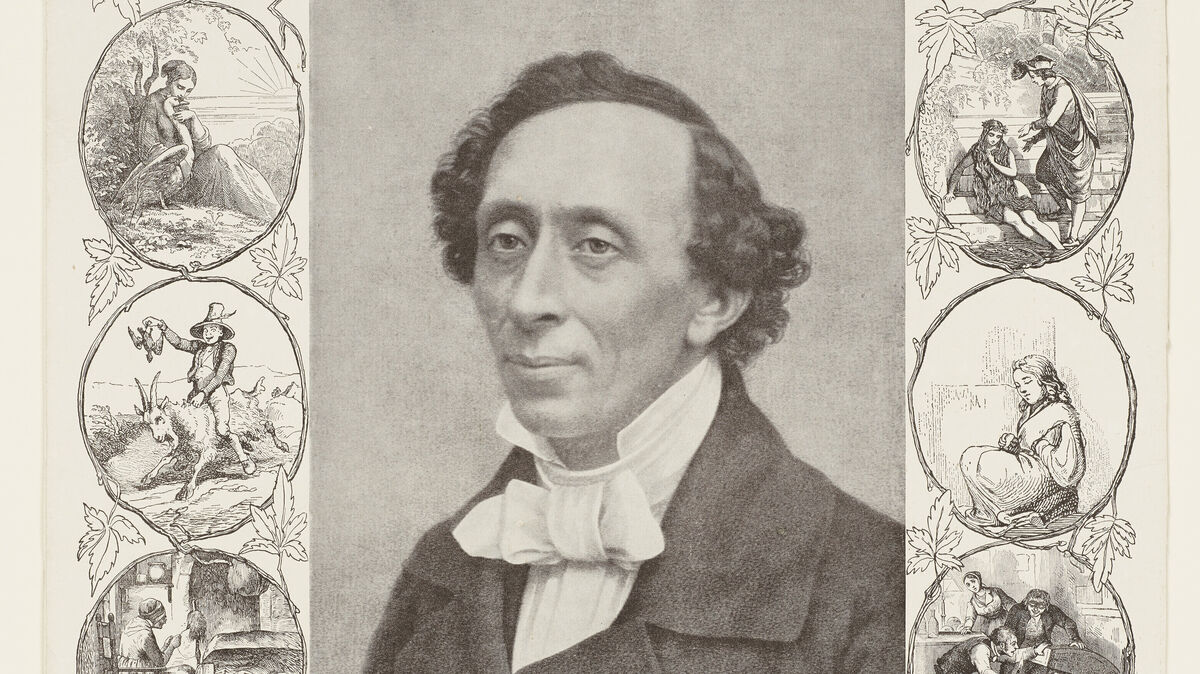 Gedenkblatt Hans Christian Andersen mit Märchenillustrationen von Vilhelm Pedersen.