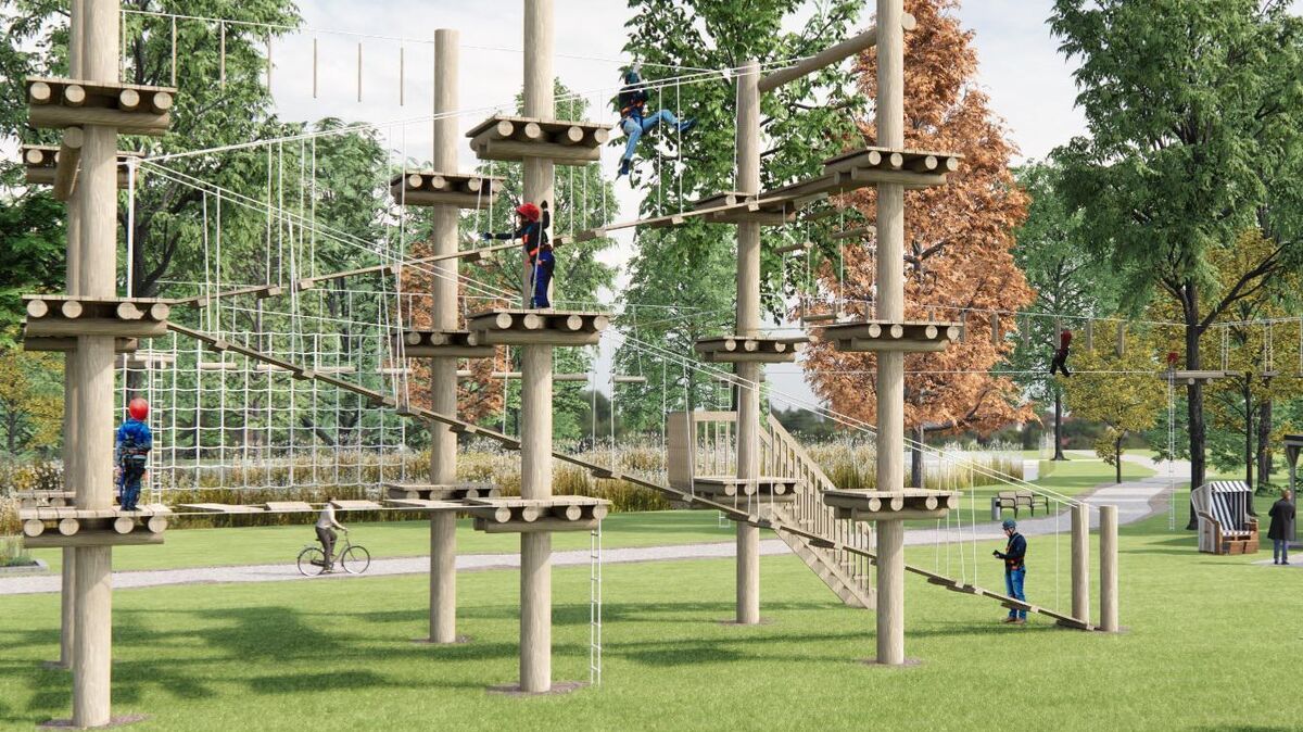So soll er aussehen, der Kletterpark am Otterndorfer See Achtern Diek. Nach den ursprünglichen Plänen sollte die Anlage im Frühjahr 2022 öffnen, doch das Vorhaben verzögert sich. Foto: Buhl Outdoor & Sport Events