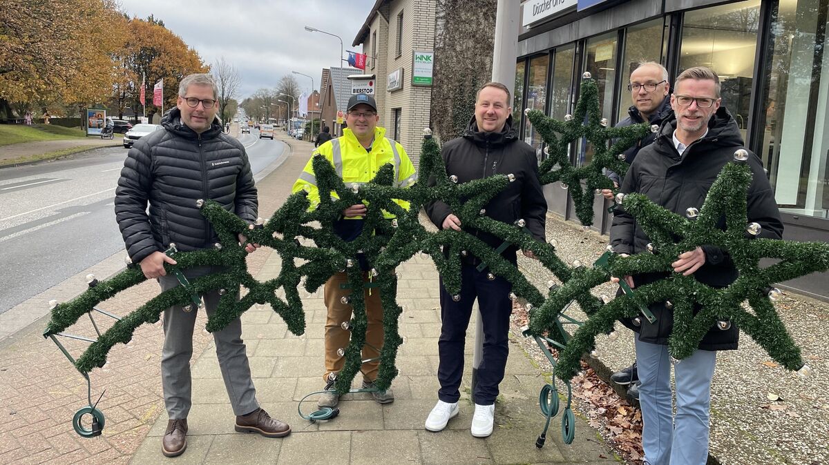 Sie haben sich die Wochenenden um die Ohren geschlagen, damit die Hauptstraße in Altenwalde in diesem Advent wieder stimmungsvoll leuchtet: V.l. Kassenwart Kai Beckmann, 1. Beisitzer Stephan Heitsch, 2. Vorsitzender Lars Duderstadt, kommissarischer Schriftwart Michael Bösch und 1. Vorsitzender Thorsten Döscher von der Werbegemeinschaft Altenwalde. Foto: Reese-Winne