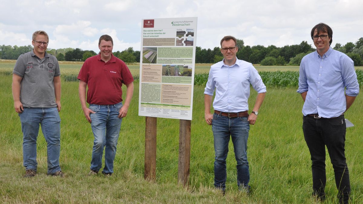 Informationen am Wegesrand: Kai-Hendrik Howind (Landwirtschaftskammer), Landwirt Markus Mushardt, Arbeitskreis-Vorsitzender Gerold Mächler, und Holger Oest (Landwirtschaftskammer) möchten damit auf die Bedeutung des Feldversuches aufmerksam machen. Foto: Kramp