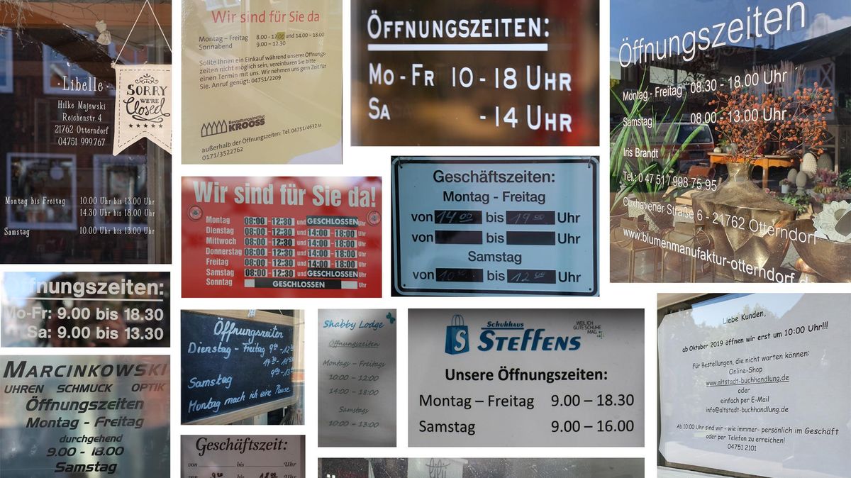 So bunt wie die Öffnungszeiten sind auch die Aushänge der Geschäfte in der Otterndorfer Innenstadt. Foto: Mangels