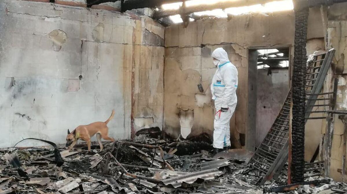 Zusammen mit einem Brandmittelspürhund durchkämmen Experten die Brandruine. Foto: Polizei