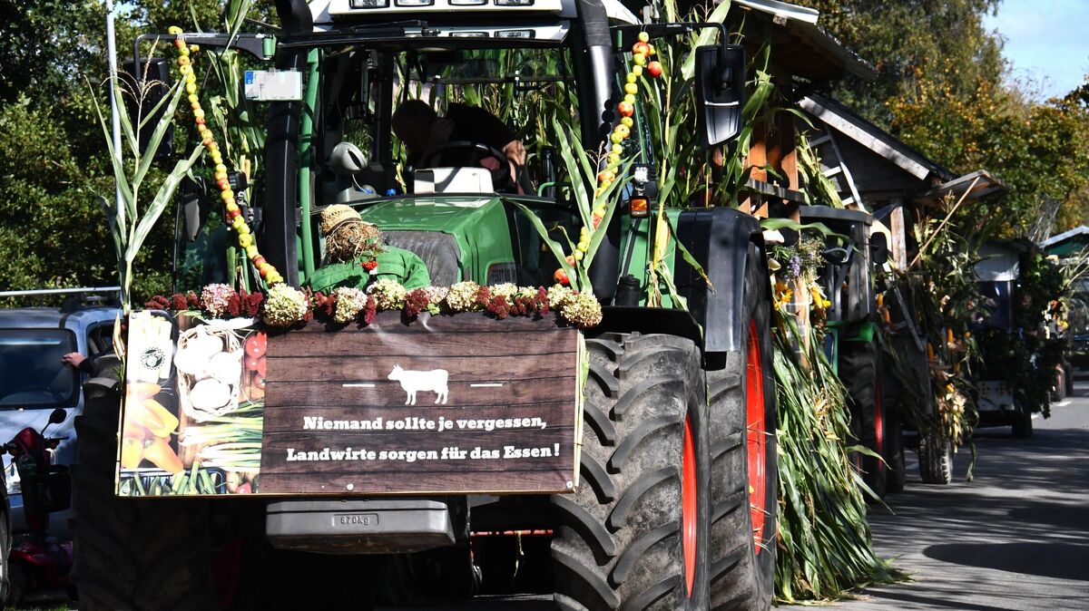 "Niemand sollte je vergessen: Landwirte sorgen für das Essen": Das war eine der zentralen Botschaften beim Erntedankfestumzug in Odisheim. Foto: Schröder