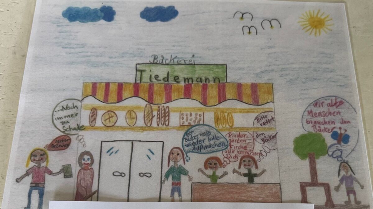 So hat ein Kind den Wunsch nach dem Erhalt der Bäckerei-Filiale in Groden festgehalten. Das Bild illustrierte die Unterschriftenlisten, die an mehreren Stellen im Stadtteil auslagen. Foto: red