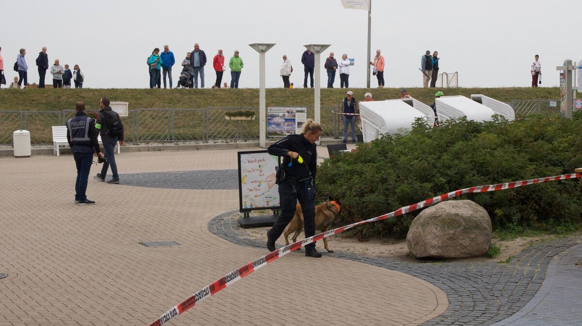 Unter den Augen von interessierten Passanten sucht eine Polizeibeamtin mit Hilfe eines Spürhundes das Gebüsch um den Tatort nach Beweismaterial ab. Foto: Koppe