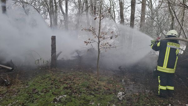 Hecke und Komposthaufen in Belum in Brand: Feuerwehr rettet Geräteschuppen vor Feuer