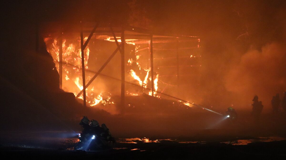 Die Lagerhalle steht lichterloh in Flammen. Die Einsatzkräfte bekämpfen das Feuer. Foto: Feuerwehr Stadt Cuxhaven