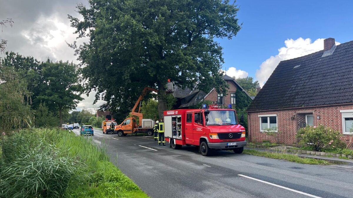Da eine große Gefahr von dem abgebrochenen Ast ausgeht, wird die L144 kurzfristig voll gesperrt, bis die Straßenmeisterei Otterndorf mit einem Steiger eintrifft. Foto: Lange