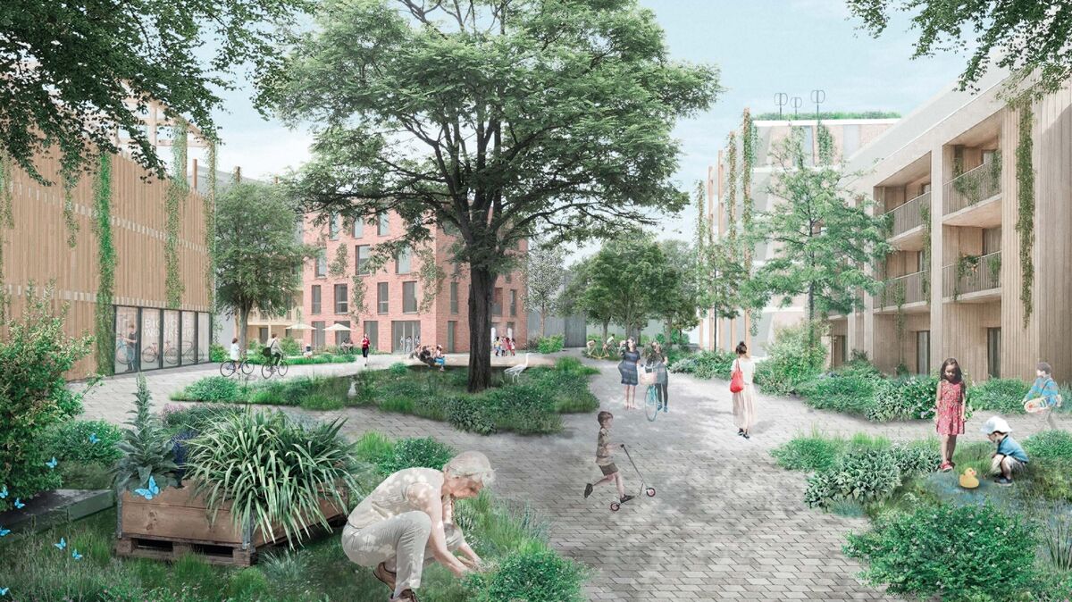 Die Animation zeigt den Siegerentwurf für das neue Quartier „Westerwisch-Höfe" südlich des Westerwischstroms. Die Höfe-Struktur mit ihrer Durchgrünung und der Mischung aus verschiedenen Gebäudetypen überzeugte das Preisgericht einstimmig. Animation: postwelters + partner/ RB+P