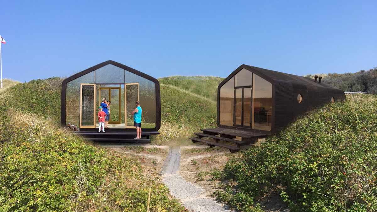 Zwei Beispiele des Herstellers "Wikkelhouse": So sehen die Häuser aus Pappe aus. In den Hütten auf Helgoland sind zwar Kochgelegenheiten eingeplant, aber keine Sanitäranlagen. Foto: Wikkelhouse