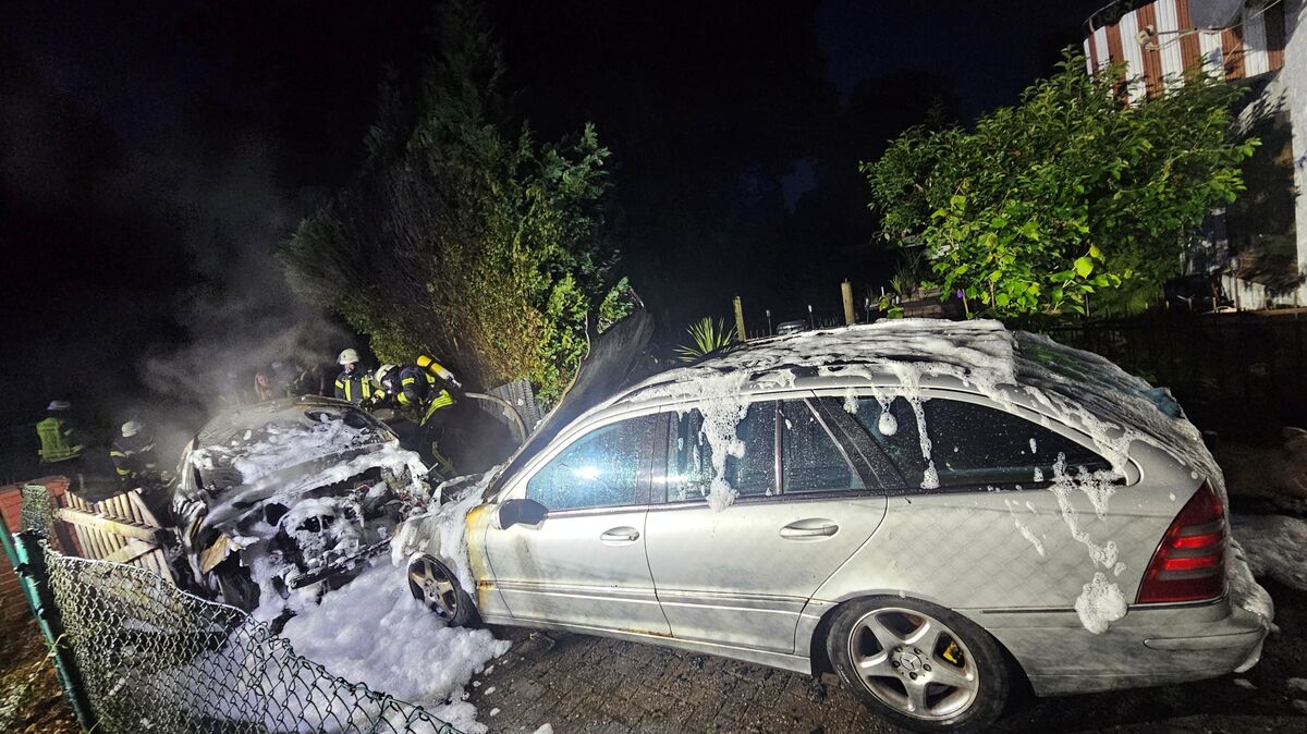 Beide Fahrzeuge erlitten einen Totalschaden. Auch eine mutmaßlich zuerst brennende Papiermülltonne brannte vollständig ab. Foto: Jürgen Lange