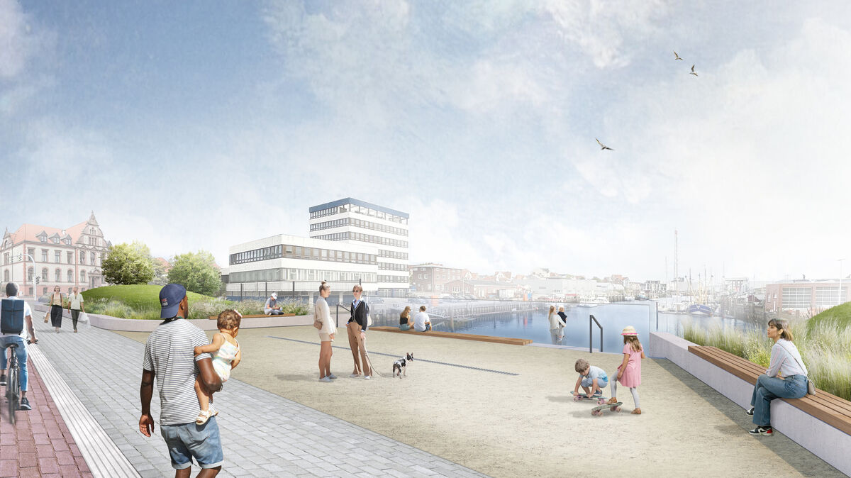 Das zukünftige „Deichfenster“: An der Konrad-Adenauer-Allee entsteht ein architektonischer Blickfang, der historische und moderne Elemente harmonisch miteinander verbindet.