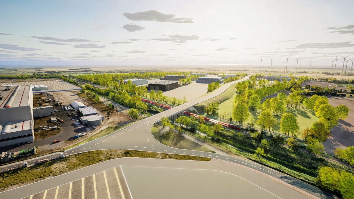 Die künftige Schwerlastbrücke soll die Umschlag- und Gewerbeflächen sowie das Siemens Gamesa Werk mit der Bundesstraße 73 verbinden. Grafik: Stadt Cuxhaven/AfW