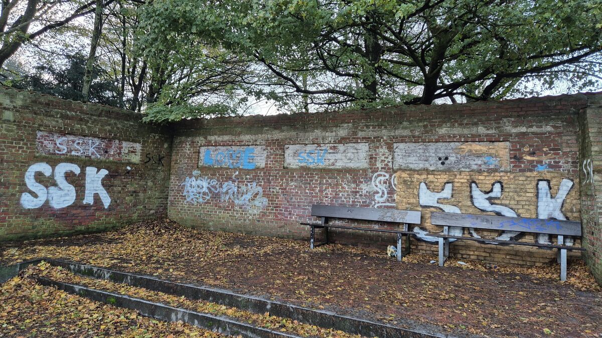 Mutmaßlich in einer Nacht- und Nebelaktion wurde die Mauer im vorderen Bereich des Schlossgartens mit diversen Graffiti beschmiert. Foto: Eitzen-Fischer