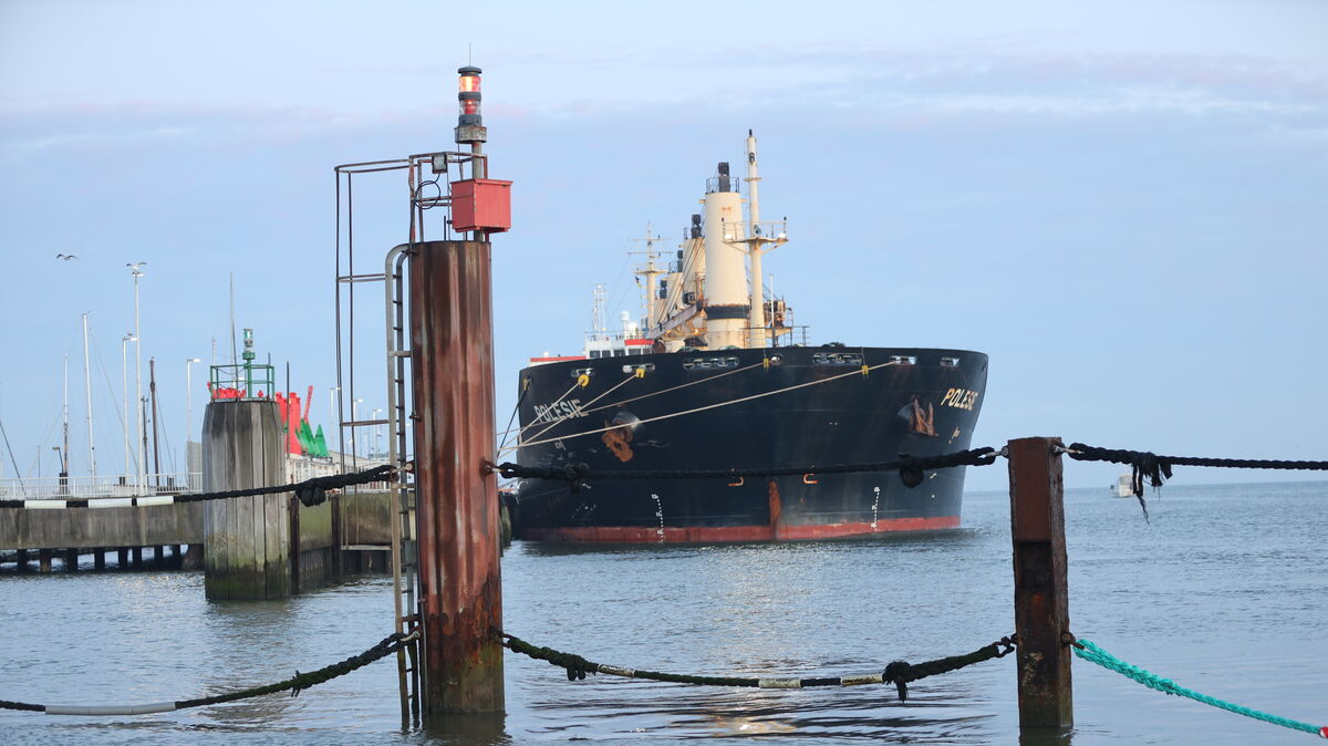 Der Frachter "Polesie" liegt nach der Kollision mit der "Verity" an der Seebäderbrücke in Cuxhaven. Foto: Fischer