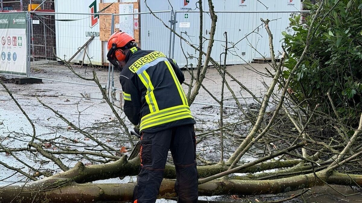Der Baum wird mit einer Motorsäge zerkleinert und dann an den Straßenrand befördert. Foto: Feuerwehr
