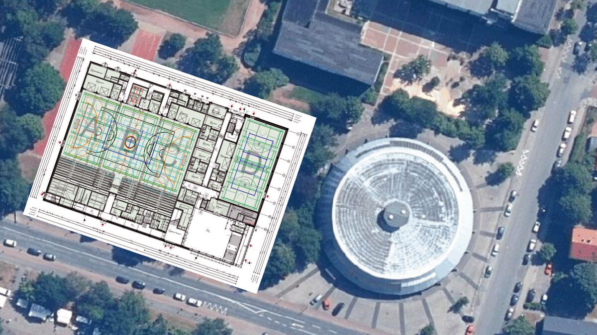 Direkt neben der Rundturnhalle soll die neue Sporthalle in Cuxhaven entstehen. Grafik: Landkreis Cuxhaven