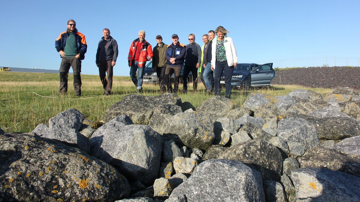 Die Deckwerksschau des Hadler Deichverbands begann am Dienstagmorgen an der Verbandsgrenze in Groden, wo sich das rückwärtige Deckwerk im Laufe der Jahr erhöht und stabilisiert hat. Dennoch soll der Wall aus Granitsteinen aus Uferschutzgründen erhöht werden. Foto: Sassen