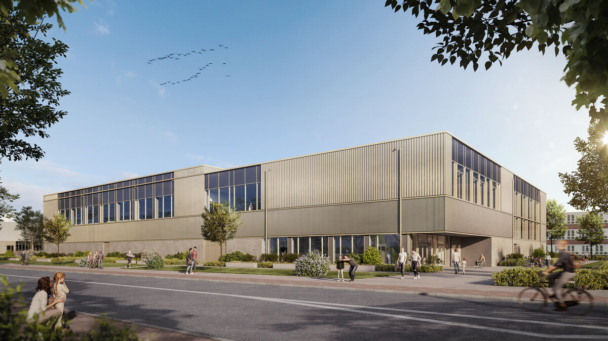 So soll die neue Sporthalle im nächsten Jahr aussehen. Aber wie soll sie heißen? Grafik: dreidesign GmbH