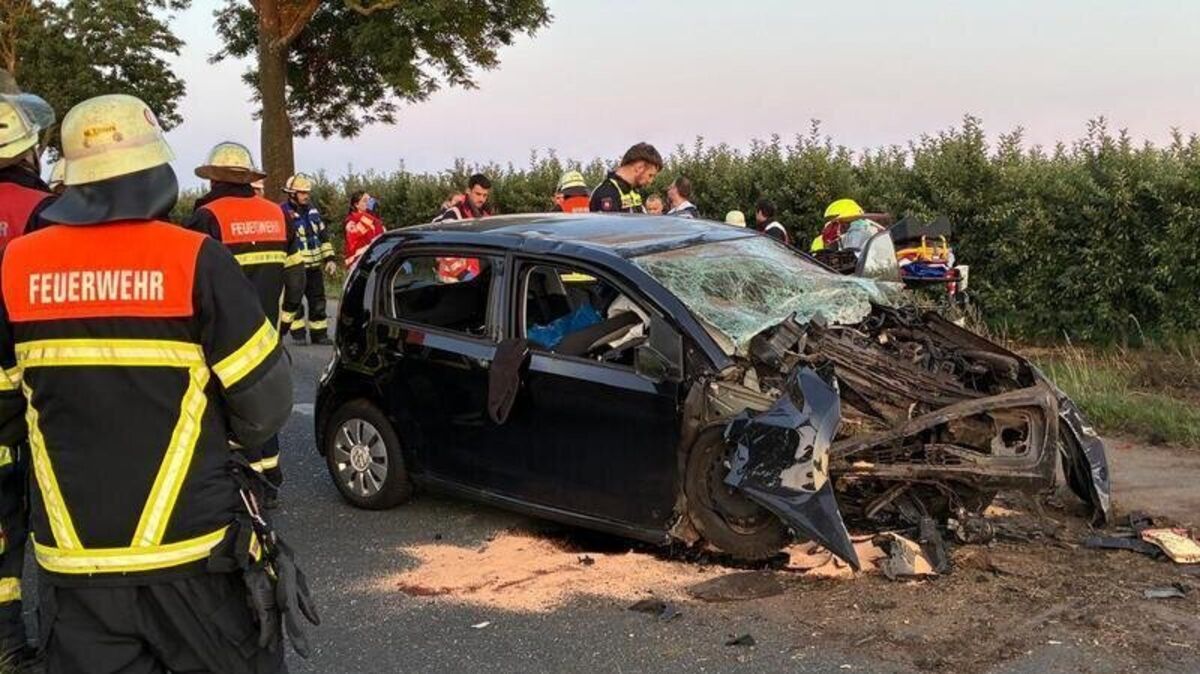 Der Kleinwagen ist am Montagabend an der L140 zwischen Neuenfelde und Jork-Hove gegen einen Baum geprallt. Foto: Vasel