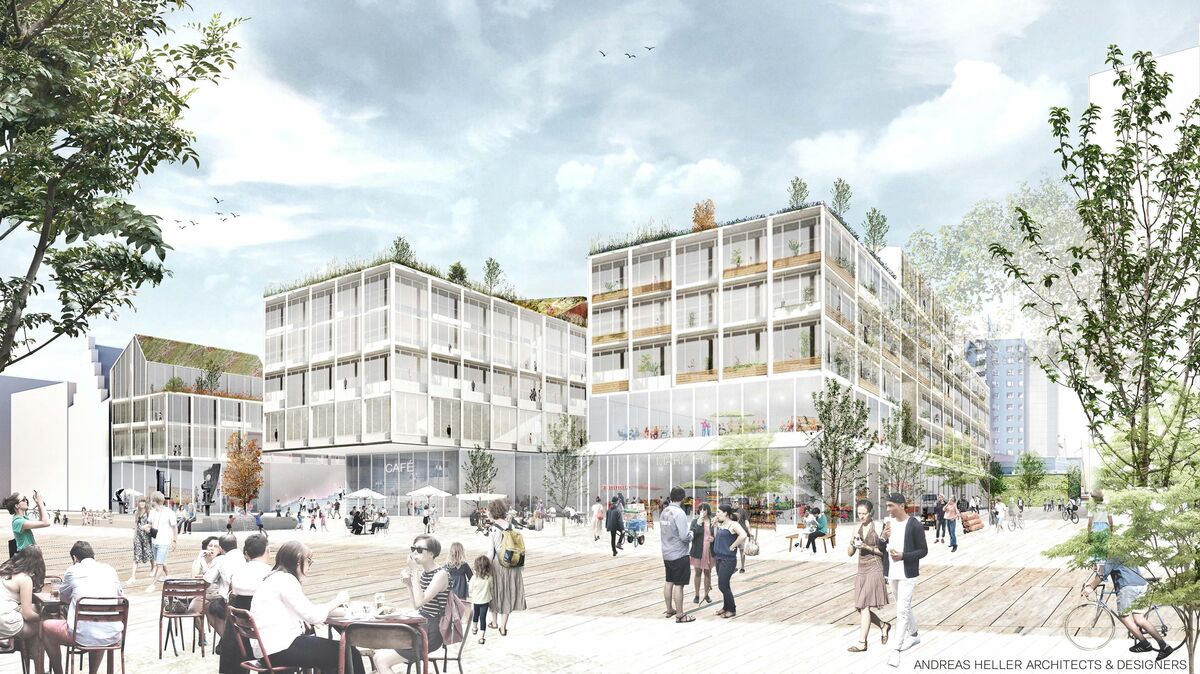 Architekt Andreas Heller stellte am Freitag Pläne vor, die er für die Ditzen-Gruppe als potenziellen Investor für die Bebauung erdacht hat. Vorgesehen ist eine Kombination aus Büros, Wohnen und einer Markthalle, die dem Karstadt-Gelände ein völlig neues Gesicht geben soll. Visualisierung: Heller