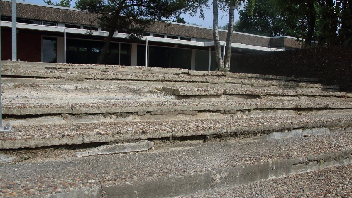 Mängel gibt es keineswegs nur innerhalb einzelner Wohnungen. Bei einem Rundgang durch die Wohnanlage springt diese an einem Gemeinschaftsweg liegende Treppe ins Auge. Dass sie nicht verkehrssicher ist, erkennt auch ein Laie. Foto: Koppe