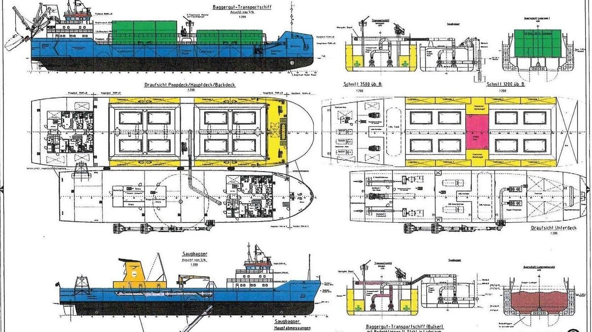 So sollen sie laut Konzept aussehen: Der Saugbagger ohne Laderaum (unten) und das Baggergut-Transportschiff (oben). Die Trennung beider Aufgaben soll höhere Effizienz und mehr Wirtschaftlichkeit in der Unterhaltungsbaggerei bewirken. Abb.: Klaus-Peter Lasse