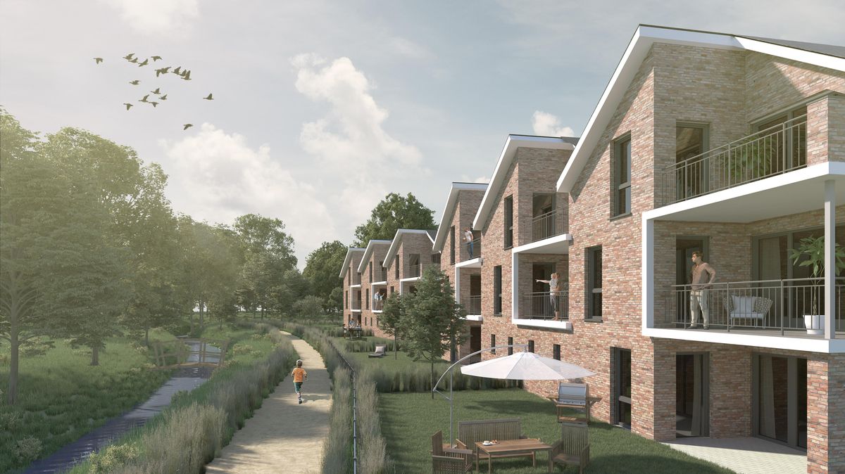 So idyllisch soll es einmal aussehen: Von der rückwärtigen Seite am Valger Weg genießen die Bewohner einen Blick ins satte Grün des Dorumer Amtsgartens. Grafik: Großmann & Köhn Immobilien GmbH