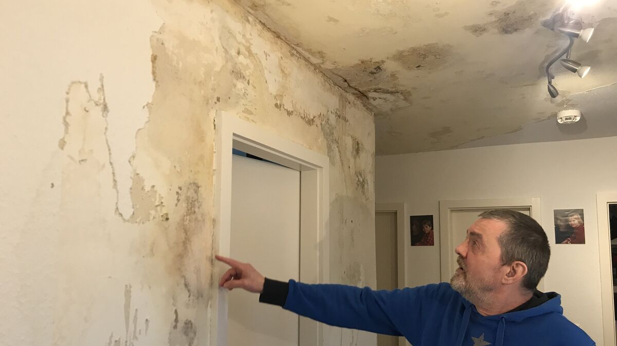 Günther Ehlen zeigt auf die Stellen im Flur, an denen sich das Wasser immer weiter den Weg bahnt. Foto: Reese-Winne