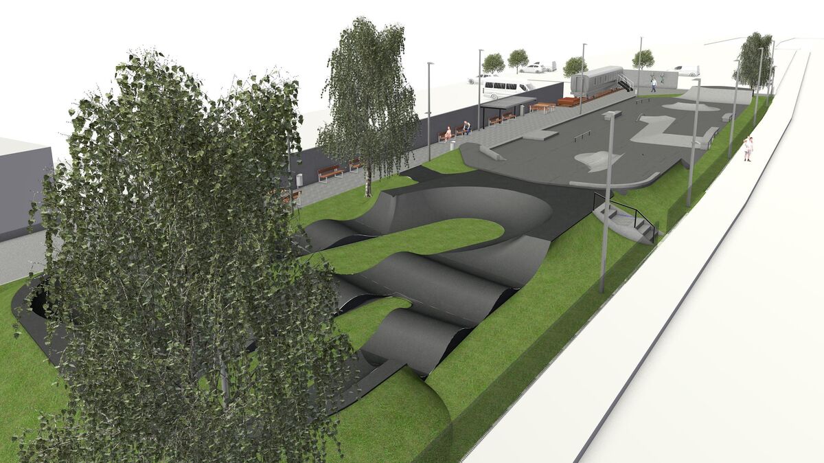 So soll der Skatepark am Cuxhavener Bahnhof aussehen: Auf 1500 Quadratmetern bietet er jede Menge Fahrspaß für Skater und BMX-Fahrer. Im vorderen Bereich ist der sogenannte Pump-Track zu sehen. Im hinteren Bereich der Skatepark und auch der Güterwaggon, der zum Verweilen einladen soll. Grafik: Stadt Cuxhaven