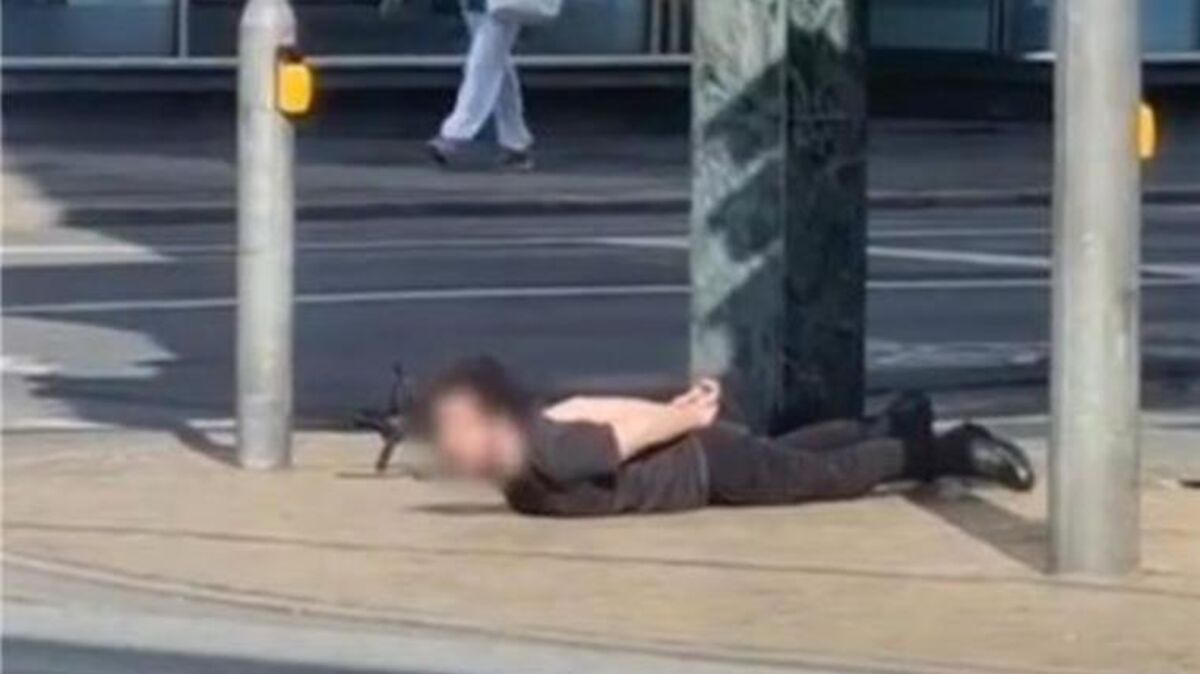 In einem Video, das im Netz kursiert, ist zu sehen, wie der mutmaßliche Täter sich auf den Fußweg legt. Kurze Zeit später fährt die Polizei vor und nimmt ihn fest. Foto: Screenshot/Nord24
