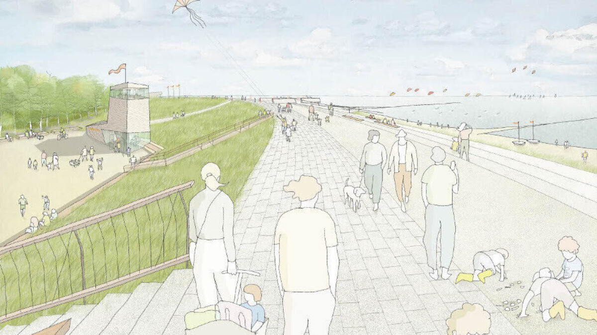 Die nebenstehende Animation des Dünendeichs in Sahlenburg zeigt ein Stück des oberen Deichweges mit Blick auf den geplanten Wernerwaldplatz mit Rettungsstation.