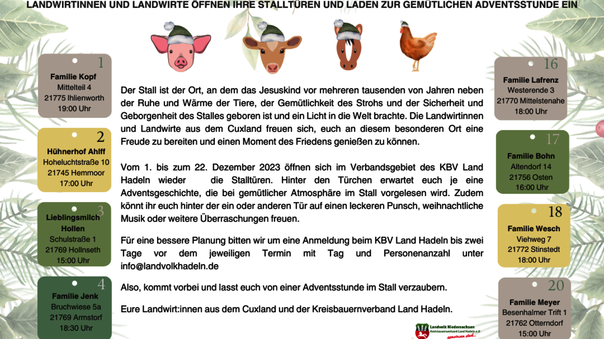 Die weiteren Termine des lebendigen Adventskalenders (Teil 1). Foto: Kreisbauernverband Land Hadeln