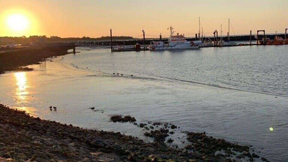 Sonnenuntergang über dem Fährhafen: ein idyllischer Anblick, der im Kontrast zu den aktuellen Diskussionen um das Hafenbauprojekt steht. Foto: Kuczorra