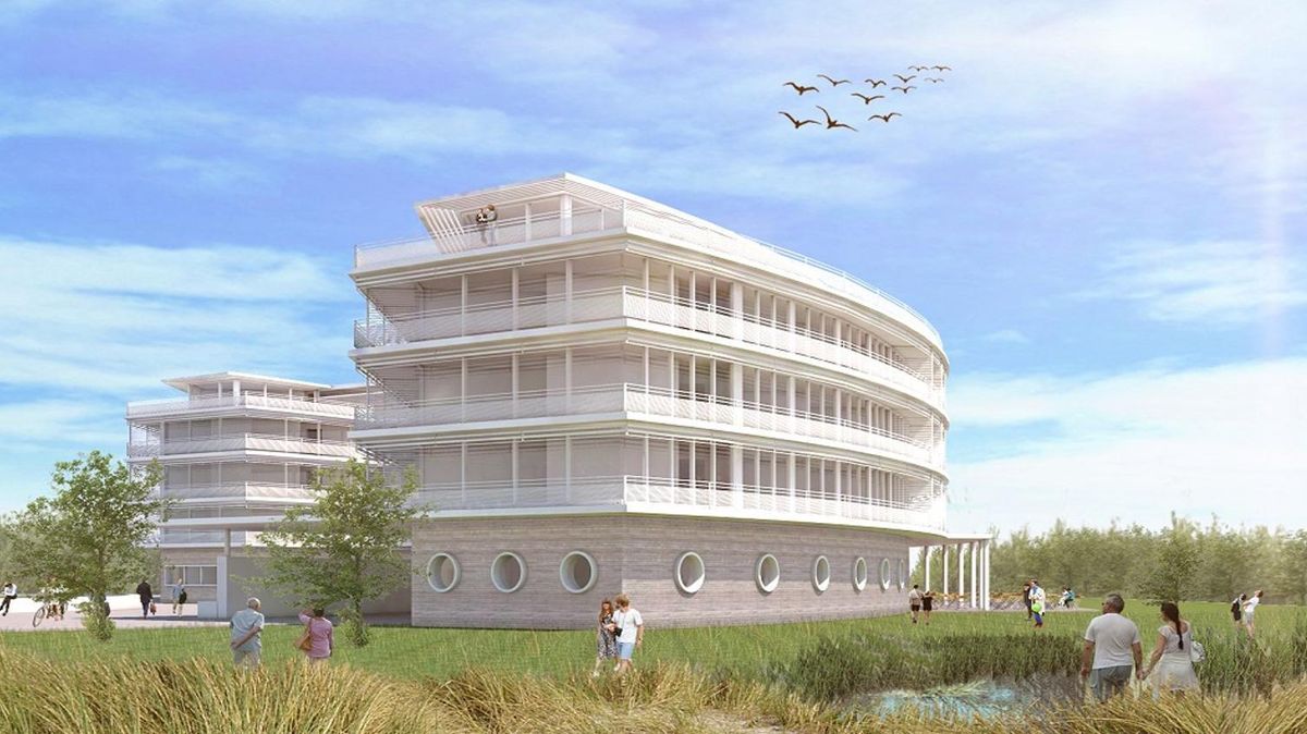 Damit das 140-Zimmer-Hotel "Am Seedeich" nicht massiv wirkt, hat sich der Architekt für zwei gleich große Gebäude entschieden, die über eine gläserne Brücke miteinander verbunden werden. Grafik: wp-consult