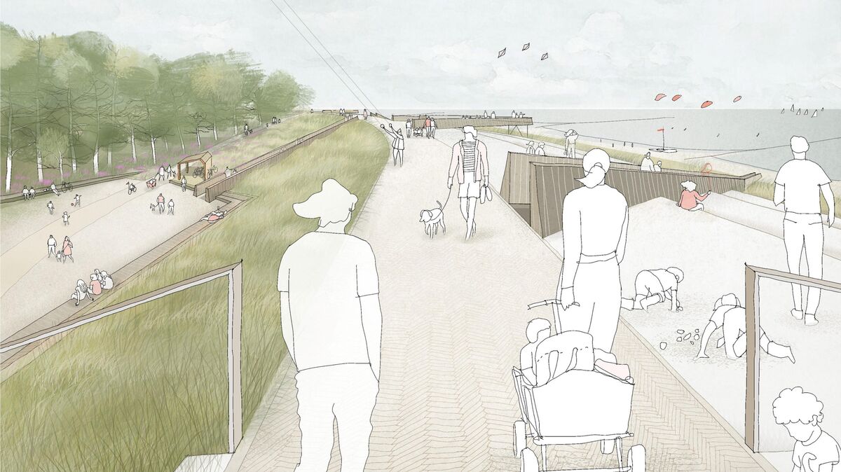 So könnte der neue Dünendeich in Sahlenburg - hier eine Perspektive vom Wernerwaldplatz - aussehen. Die jetzigen Planungen sehen verschiedene Wegeführungen über und auf dem Deich vor. Zeichnung: Stadt Cuxhaven