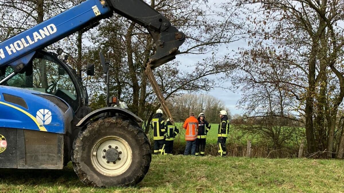 Unter Einsatz eines Teleskopladers durch einen Landwirt und mit Unterstützung der Feuerwehrkräfte konnte das Pferd am Ende geborgen werden. Foto: Feuerwehr