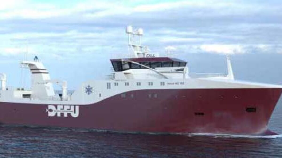 Eine Werft-Animation von dem bestellten Neubau. Das Schiff ist 84 Meter lang und 16,7 Meter breit und soll Anfang 2024 abgeliefert werden. Animation: Vard