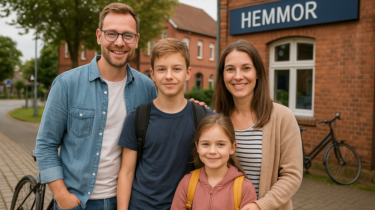 Anne und Markus Hansen und ihre beiden Kinder Jonas (14) und Mia (9) leben in Hemmoor. Oder auch nicht: Die Künstliche Intelligenz hat die Klischee-Familie erfunden – und das zweite "O" auf dem Hemmoor-Ortsschild vergessen. Foto: ChatGPT