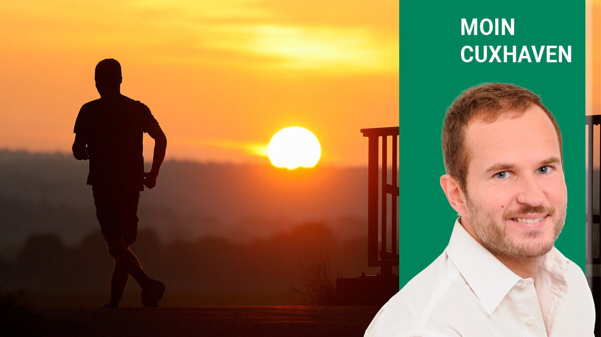 Ein Jogger ist am Morgen unterwegs, während im Hintergrund die Sonne aufgeht. Foto: Thomas Warnack/dpa | Ringfoto Schattke